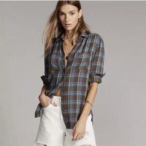 Anthropologie Blue and Brown Plaid Button Down Shirt